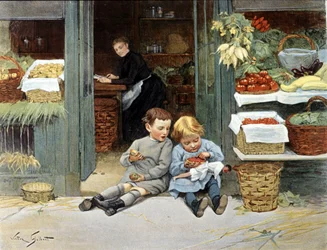 Zwei Kinder essen einen Apfel und Erdbeeren. Illustration