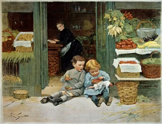 Tour ihn. Kind isst Toast vor den Einkäufen seiner Mutter. Das kleine Mädchen hat eine Puppe auf den Knien. Gemälde von Victor Gilbert (1847-1935). Paris, Decorative Arts