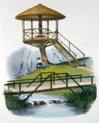 Eine Hütte und eine rustikale Brücke im Parc de la Motte, Bourgogne, Illustration aus 