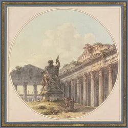 Architektonisches Capriccio: Inneres einer Tempelruine mit einer Statue des Jupiter tonans und Figurenstaffage