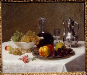 Tischecke Stillleben mit Früchten (Trauben, Quitte und Birne), Silberwaren und Weinkrug