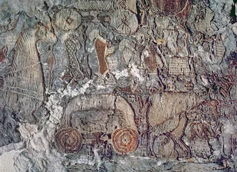 Detail eines Tieres, das einen Wagen zieht, aus einem Wandteppich, der mit dem Oseberg-Schiff gefunden wurde
