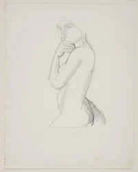 Weibliches Modell, 3/4 Figur, mit der Hand vor dem Mund