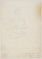 Sitzende nackte Frau, von vorne gesehen, mit den Armen um das erhobene Knie