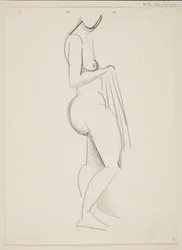 Stehende nackte Frau, Profil nach rechts, Draperie in der Hand