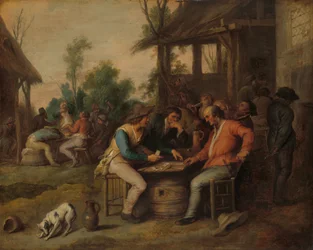 Zwei Männer beim Kartenspiel vor einem Landgasthof, um 1650