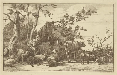 Sitzender Hirte mit Vieh vor einer verfallenen Scheune