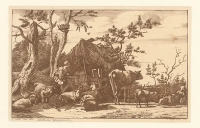 Sitzender Hirte mit Vieh vor einer verfallenen Scheune