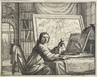 Mann mit Zirkel bei Landkarten