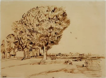 Landschaft mit Haus und Bäumen
