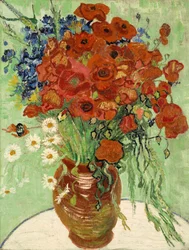 Stillleben, Vase mit Gänseblümchen und Mohnblumen