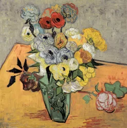 Stillleben mit japanischer Vase, Rosen und Anemonen
