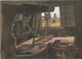 Weber vor einem offenen Fenster mit Blick auf den Turm von Nuenen