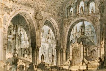 Bühnenbild für vierte Szene von Capuleti und Montecchi, Oper von Vincenzo Bellini, aufgeführt im La Fenice Theater in Venedig