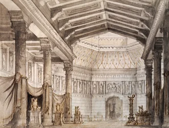 Bühnenbild für zweite Szene von Norma, Oper von Vincenzo Bellini, aufgeführt im La Fenice Theater in Venedig