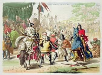 Zu Fuß in einem Turnier duellierende Ritter, Tafel 1 aus The History of the Nations, gestochen von G. Lago