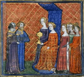 König Salomo empfängt die Königin von Saba aus der Bible historiale von Guiart des Moulins, 1400-1415