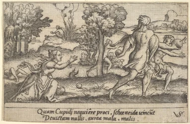 Atalanta und Hippomenes, im Vordergrund kniet Atalanta, um einen Apfel aufzuheben