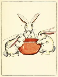 Flopsy, Mopsy und Cotton-Tail hatten Brot und Milch und Brombeeren zum Abendessen, aus The Tale of Peter Rabbit, veröffentlicht 1916 (Farblithografie)