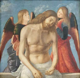 Toter Christus von zwei Engeln gestützt