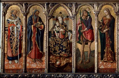 Madonna und Kind mit Heiligen Polyptychon, fünf separate Tafeln, um 1480