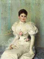 Porträt einer Dame, sitzend, dreiviertel Länge, in einem weißen Kleid