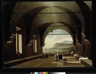 Gewölbte Galerie mit Meereslandschaft im Hintergrund
