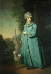 Katharina II. spaziert im Park von Zarskoje Selo mit der Chesme-Säule im Hintergrund, 1794
