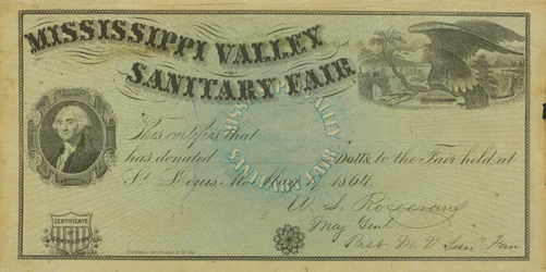Leere illustrierte Spendenbescheinigung für Spenden zugunsten der Mississippi Valley Sanitary Fair, 7. Mai 1864