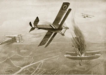 Luftkampf von Captain Hawker mit drei deutschen Flugzeugen, 25. Juli 1915, Illustration aus 