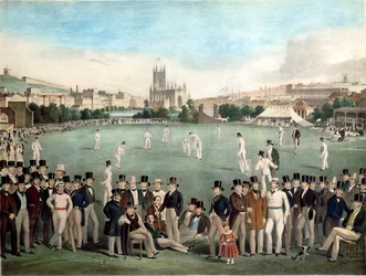 Ein Cricket-Match zwischen Sussex & Kent im Jahr 1840, veröffentlicht von S. Lipschitz, London, ca. 1849 (farbige Gravur)