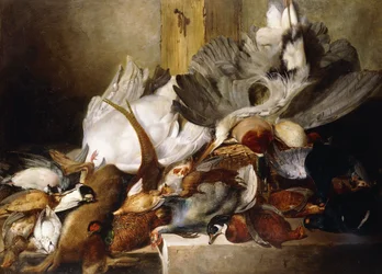 Stillleben mit toten Vögeln; ein an einer Wand hängender Reiher, Ente, Fasan, Rebhuhn, Waldschnepfe, Schwan und Taube mit einem Hasen, 1845
