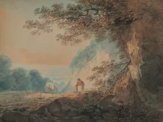 Landschaft, Baum im rechten Vordergrund, Karren und Figuren von Frau und Kind