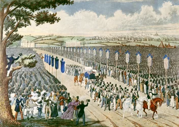 Treffen der Gewerkschafter in Copenhagen Fields, 1834 (Farbstich)