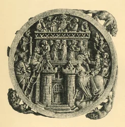 Elfenbein-Spiegelkasten, der die Erstürmung der Burg der Liebe darstellt, frühes bis mittleres 14. Jahrhundert, 1881