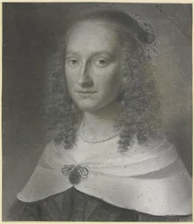 Brustbild einer Dame mit langen Locken und weißem Umschlagetuch, gehalten von einer Agraffe
