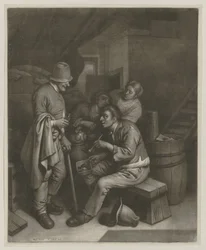 Drei Männer und eine Frau in der Taverne