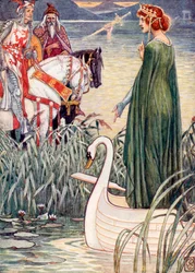 König Arthur bittet die Dame vom See um das Schwert Excalibur