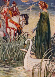 König Artus bittet die Dame vom See um das Schwert Excalibur