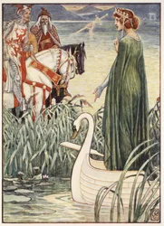 König Arthur bittet die Dame vom See um das Schwert Excalibur, aus 