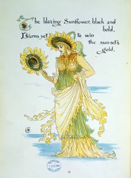 Die Sonnenblume personifiziert in einer jungen Frau in Gelb und Grün gekleidet. Tafel 36 aus "Flora