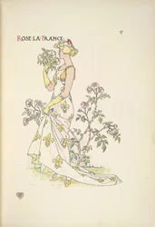Rose La France. Eine junge Frau riecht an einem Blumenstrauß