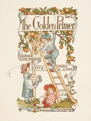 Titelseite für den Goldenen Primer. Ein Kind steht auf einer Leiter und pflückt Äpfel von einem Baum.