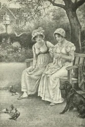 Jane Austen beim Nähen mit ihrer Schwester Cassandra im Pfarrgarten