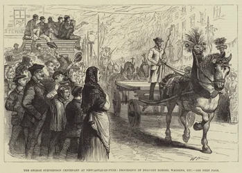 Das George-Stephenson-Jubiläum in Newcastle-on-Tyne, Prozession von Zugpferden, Wagen usw.