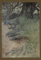 Tafel 11: "Hunderte von Pfauen mit prächtigen Federn kamen zu den Dämmen, um das Khai zu essen", aus Folk-Tales of Bengal ... Mit 32 Illustrationen in Farbe von Warwick Goble (Edition de luxe)