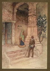 Tafel 1: "Die Suo-Königin ging mit einer Handvoll Reis zur Tür." aus Folk-Tales of Bengal ... Mit 32 Illustrationen in Farbe von Warwick Goble. (Edition de luxe.)