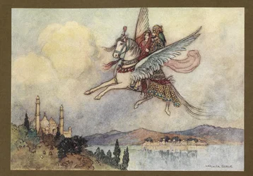 Tafel 20: "Die Dame, der König und Hiraman erreichten die Hauptstadt des Königs sicher und wohlbehalten", aus Folk-Tales of Bengal ... Mit 32 Illustrationen in Farbe von Warwick Goble (Edition de luxe.)
