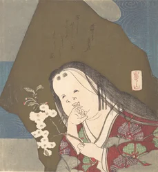 Otafuku hält einen Zweig mit doppelten weißen Kirschblüten, ca. 1840