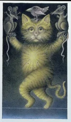 Katze auf einem Seil, balancierend mit Vogel und Mäusen